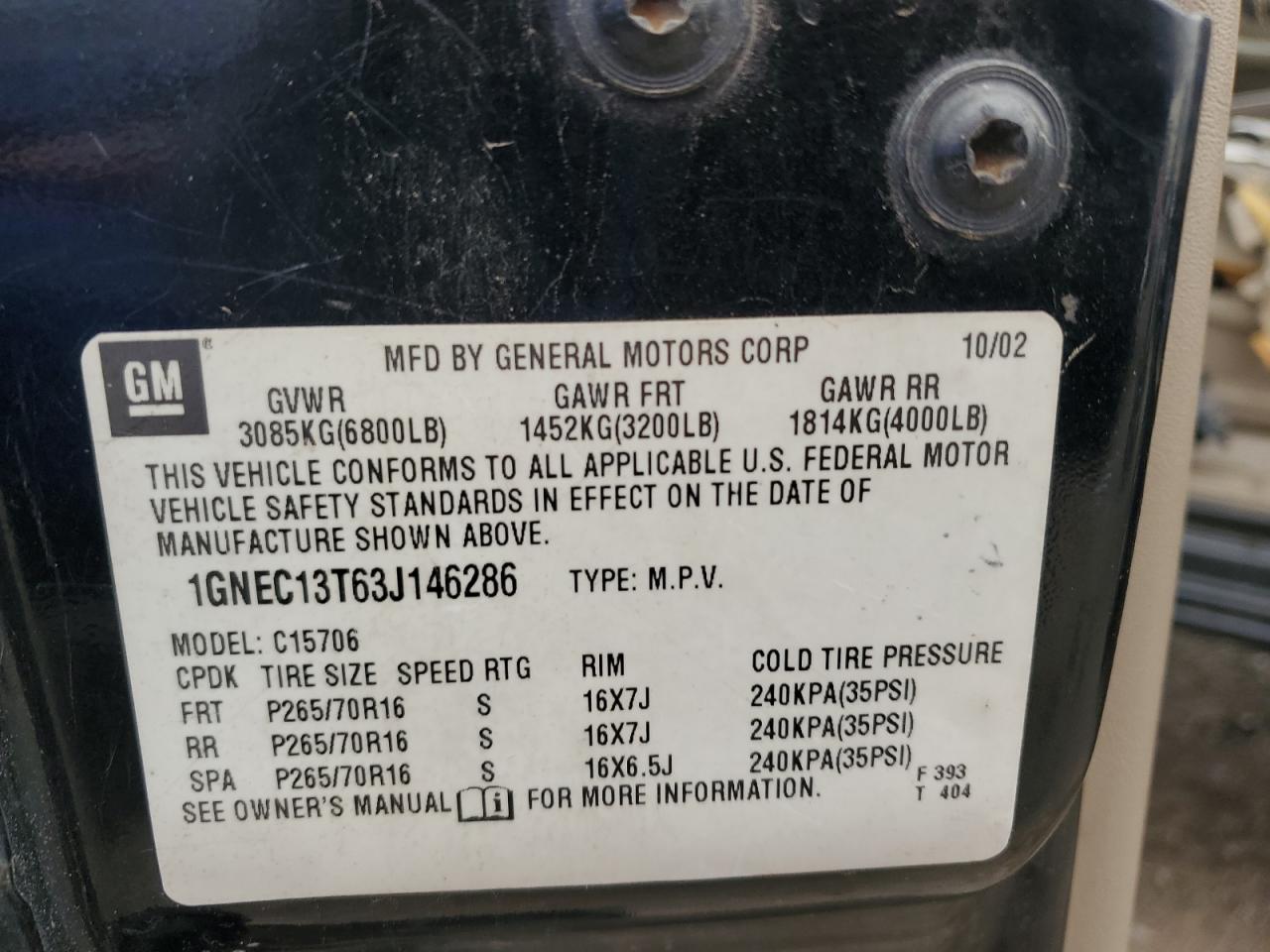 2003 Chevrolet Tahoe C1500 VIN: 1GNEC13T63J146286 Lot: 86341465