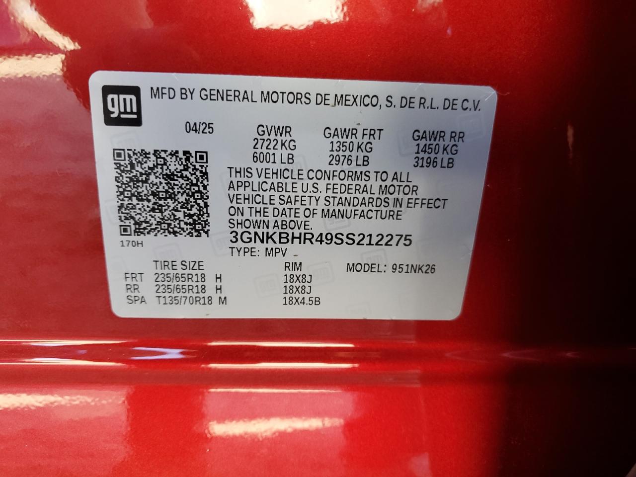 2025 Chevrolet Blazer 2Lt VIN: 3GNKBHR49SS212275 Lot: 81948025