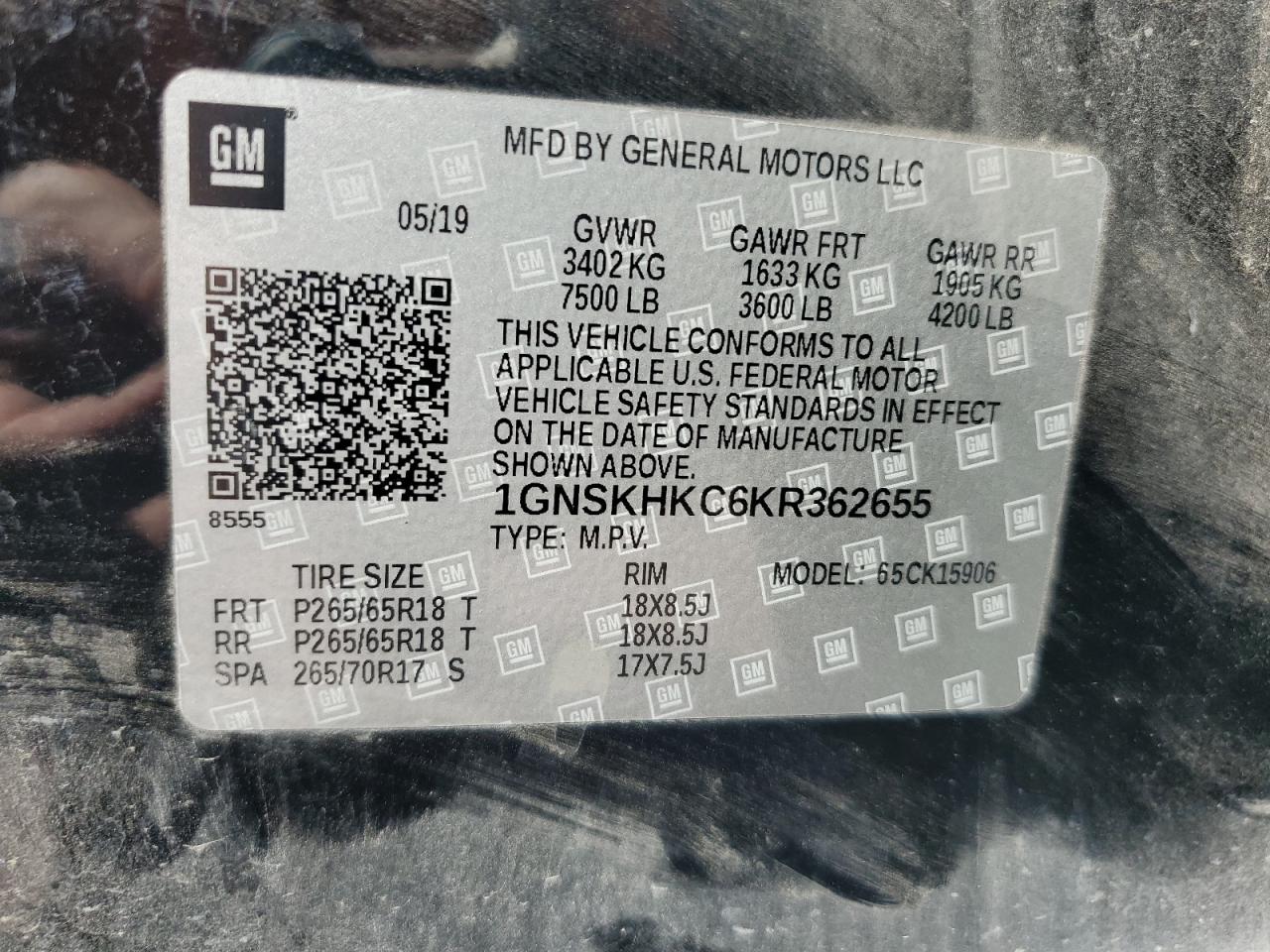 2019 Chevrolet Suburban K1500 Lt VIN: 1GNSKHKC6KR362655 Lot: 82260795