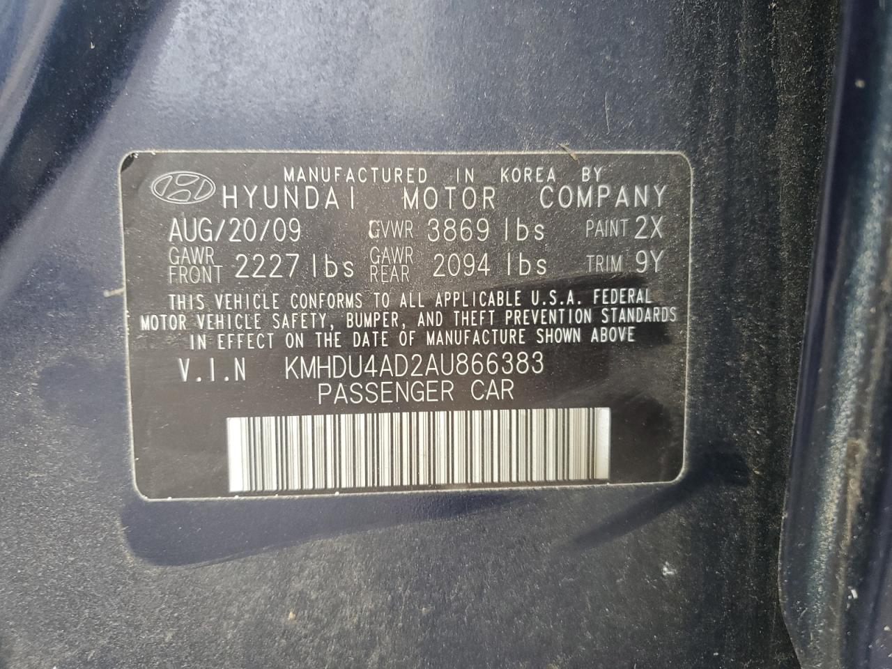 2010 Hyundai Elantra Blue VIN: KMHDU4AD2AU866383 Lot: 86604345