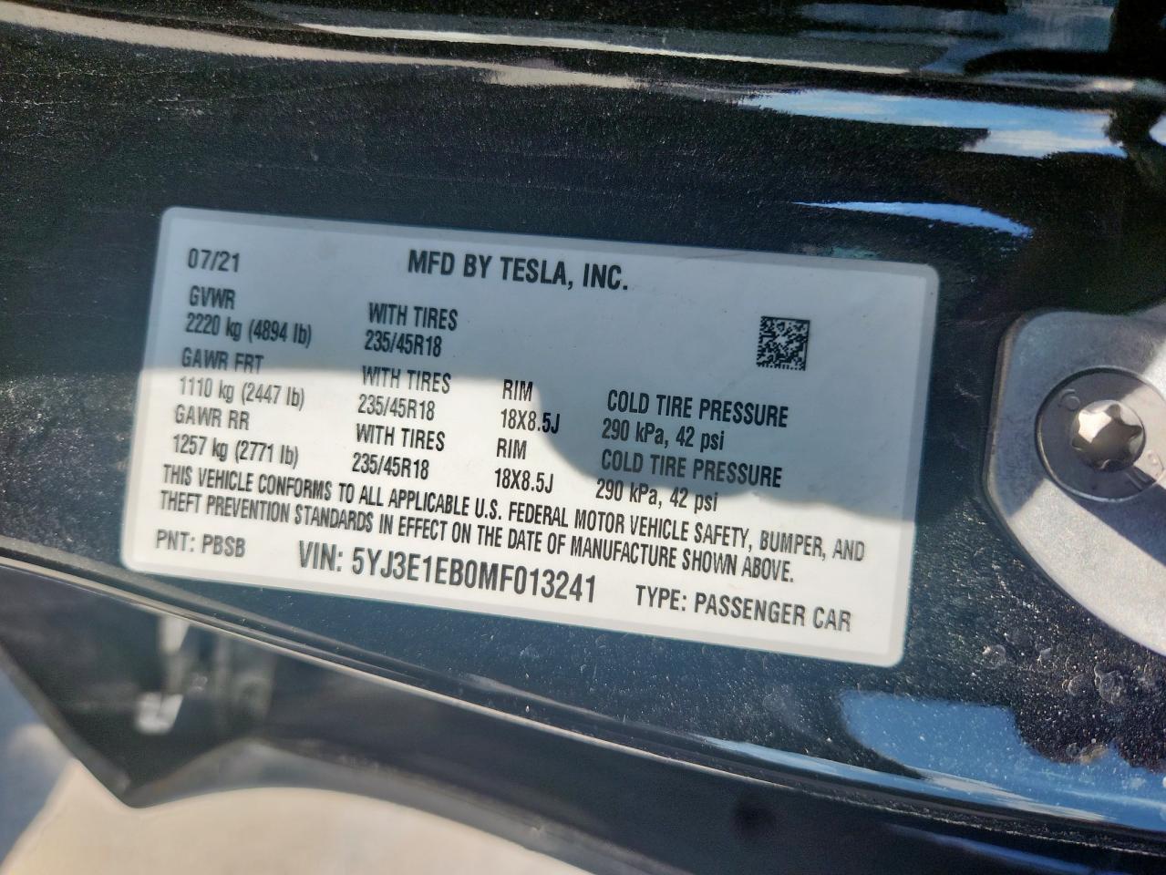 2021 Tesla Model 3 VIN: 5YJ3E1EB0MF013241 Lot: 83966575