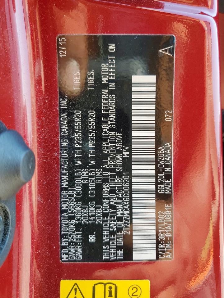 2016 Lexus Rx 350 VIN: 2T2ZZMCAXGC006201 Lot: 85126005