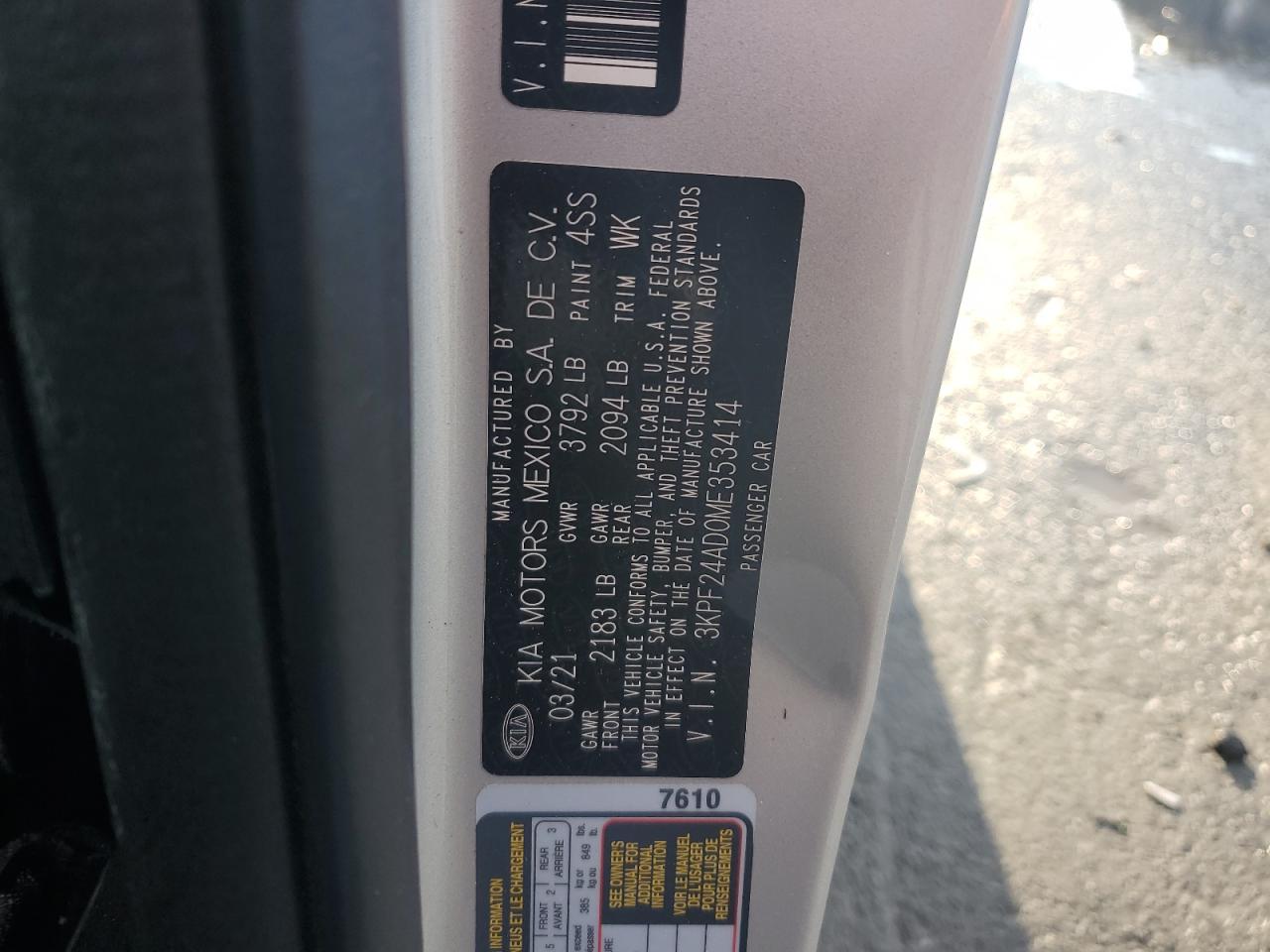 2021 Kia Forte Fe VIN: 3KPF24AD0ME353414 Lot: 90407615