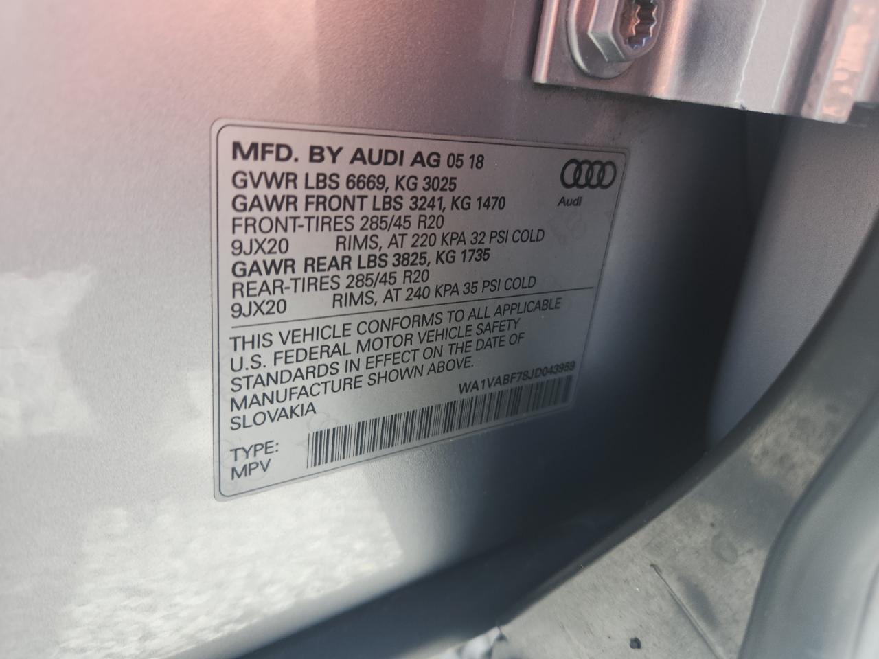 2018 Audi Q7 Prestige VIN: WA1VABF78JD043959 Lot: 82316425