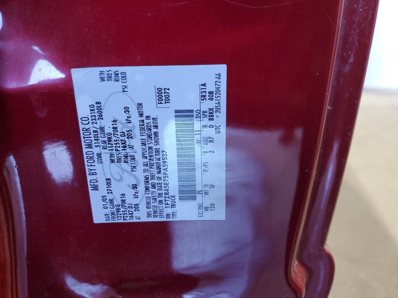 2005 Ford Ranger Super Cab VIN: 1FTZR45E75PA59537 Lot: 85923845