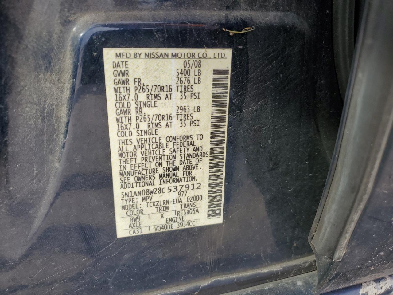 2008 Nissan Xterra Off Road VIN: 5N1AN08W28C537912 Lot: 90509425