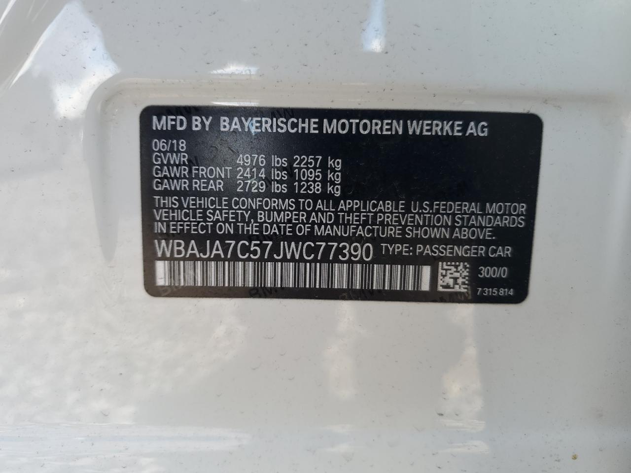 2018 BMW 530 Xi VIN: WBAJA7C57JWC77390 Lot: 85577195