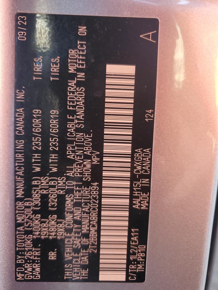 2024 Lexus Rx 350H Base VIN: 2T2BBMCA8RC023894 Lot: 85510425