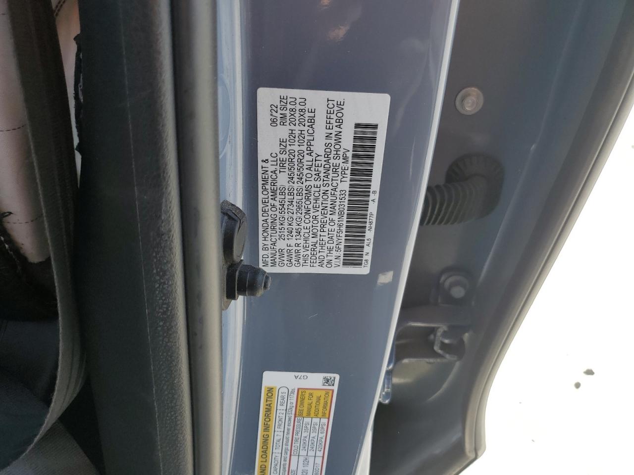 2022 Honda Pilot Touring VIN: 5FNYF5H61NB031533 Lot: 87470485