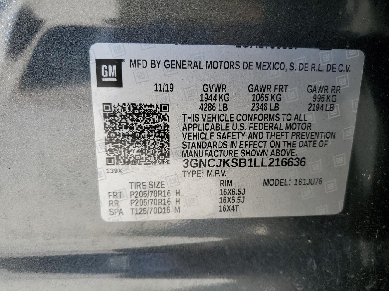 2020 Chevrolet Trax Ls VIN: 3GNCJKSB1LL216636 Lot: 90704955