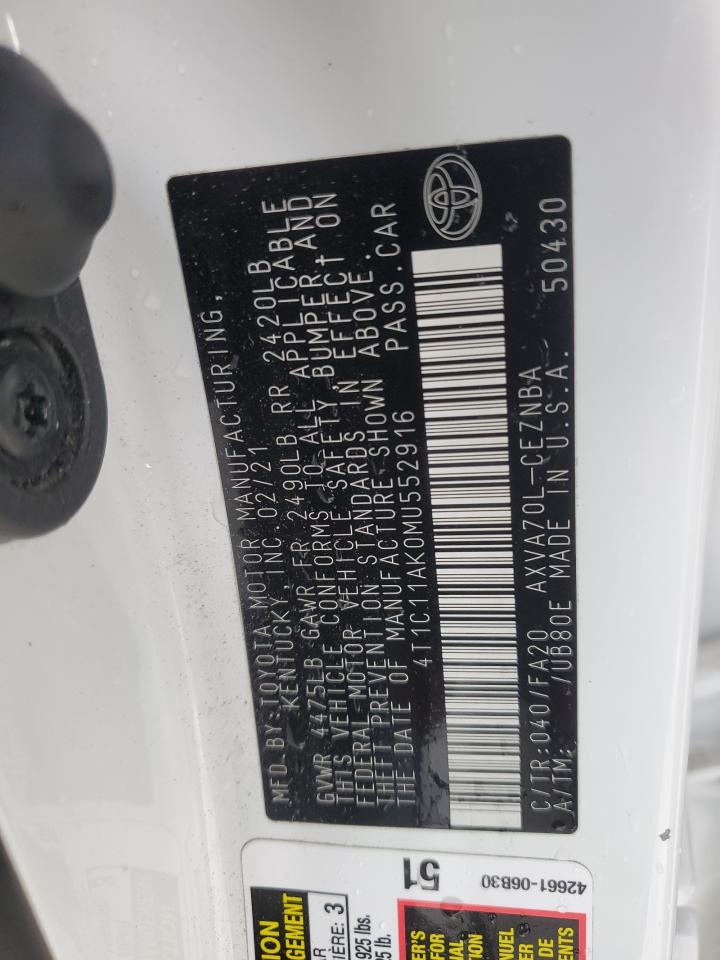 2021 Toyota Camry Le VIN: 4T1C11AK0MU552916 Lot: 85552965