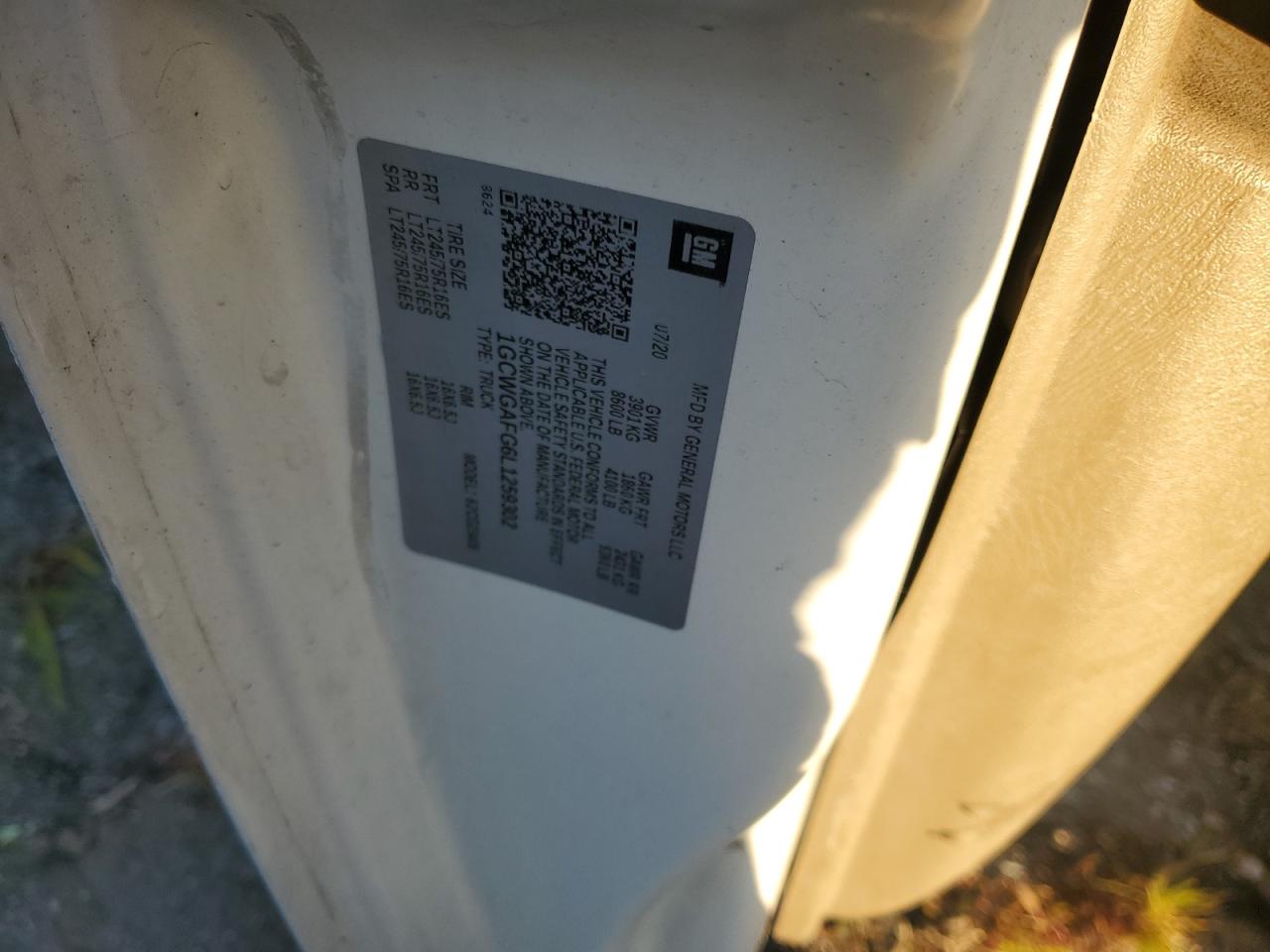 2020 Chevrolet Express G2500 VIN: 1GCWGAFG6L1259302 Lot: 84369485