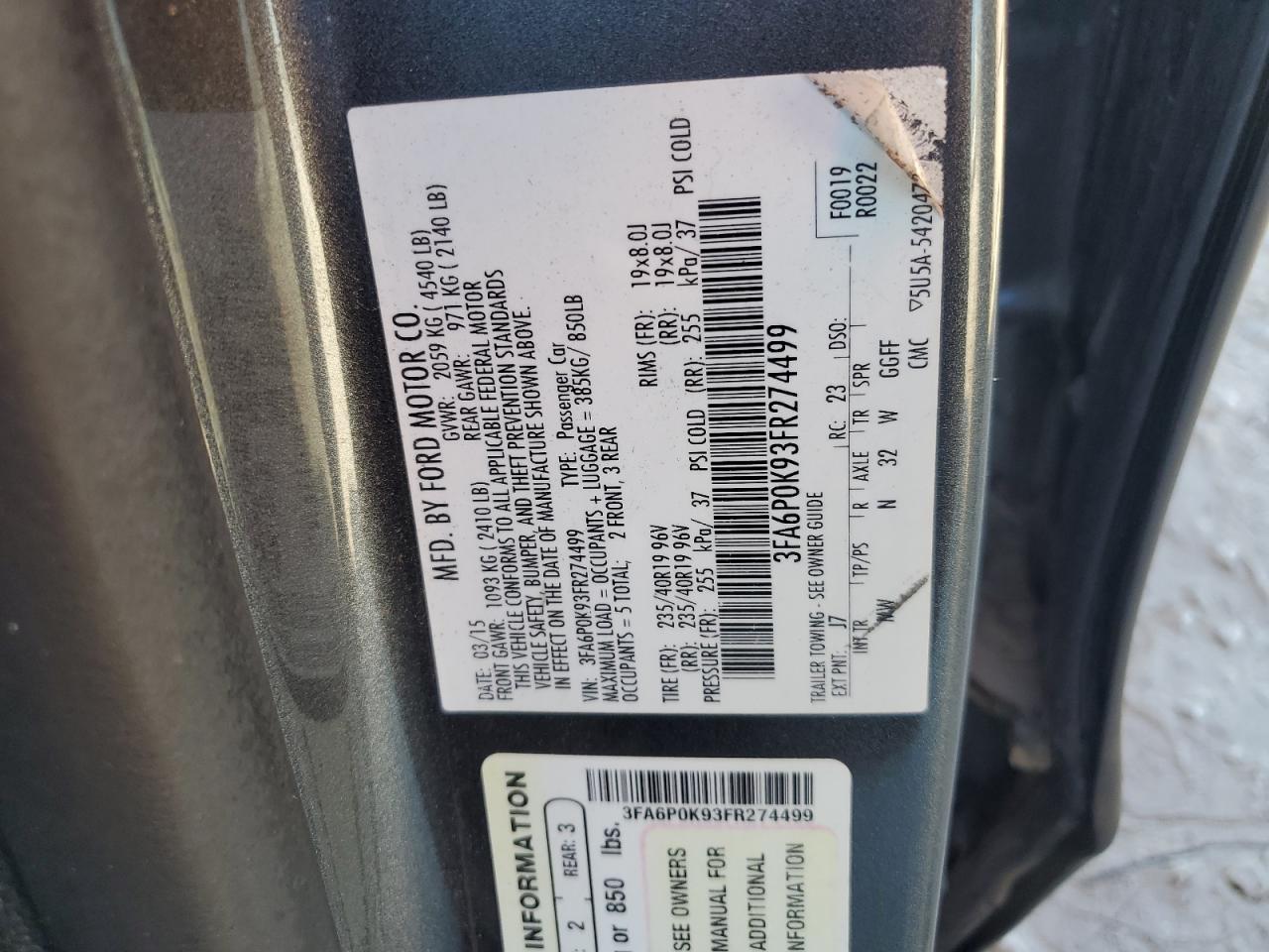 2015 Ford Fusion Titanium VIN: 3FA6P0K93FR274499 Lot: 87094155