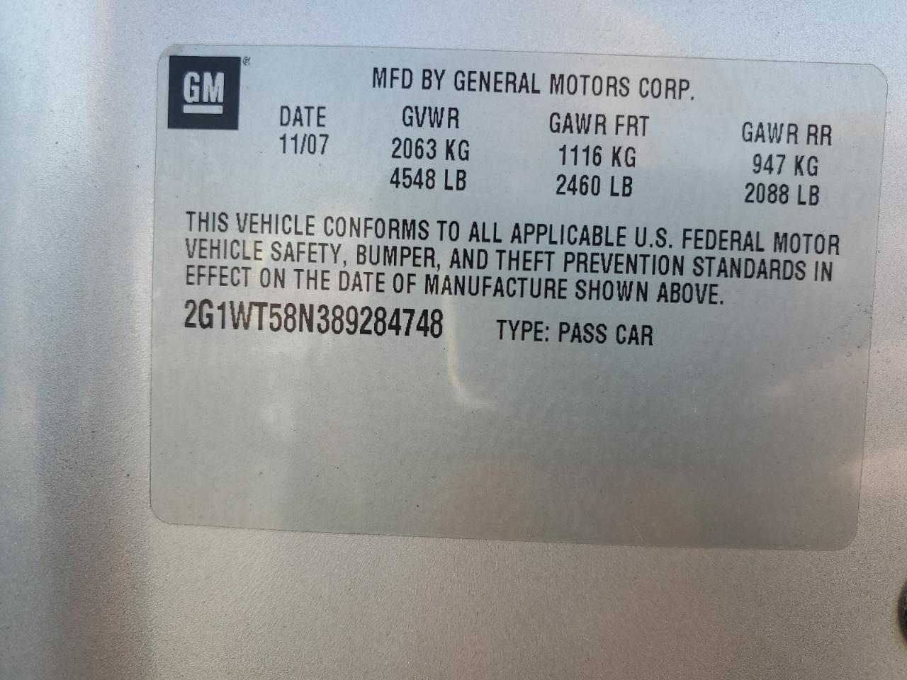 2008 Chevrolet Impala Lt VIN: 2G1WT58N389284748 Lot: 82405515