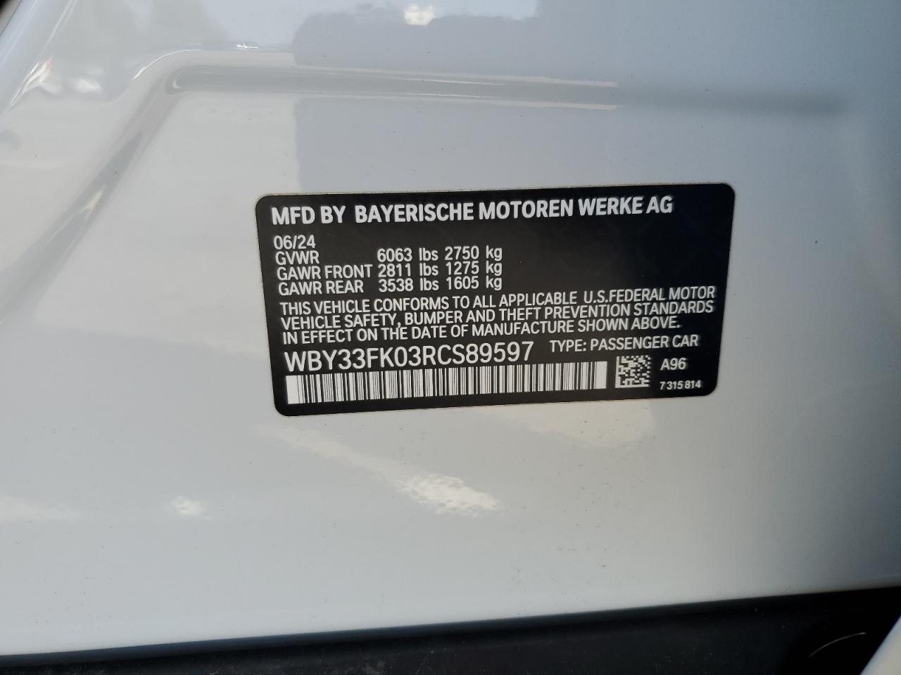 2024 BMW I5 Edrive 40 VIN: WBY33FK03RCS89597 Lot: 90319225