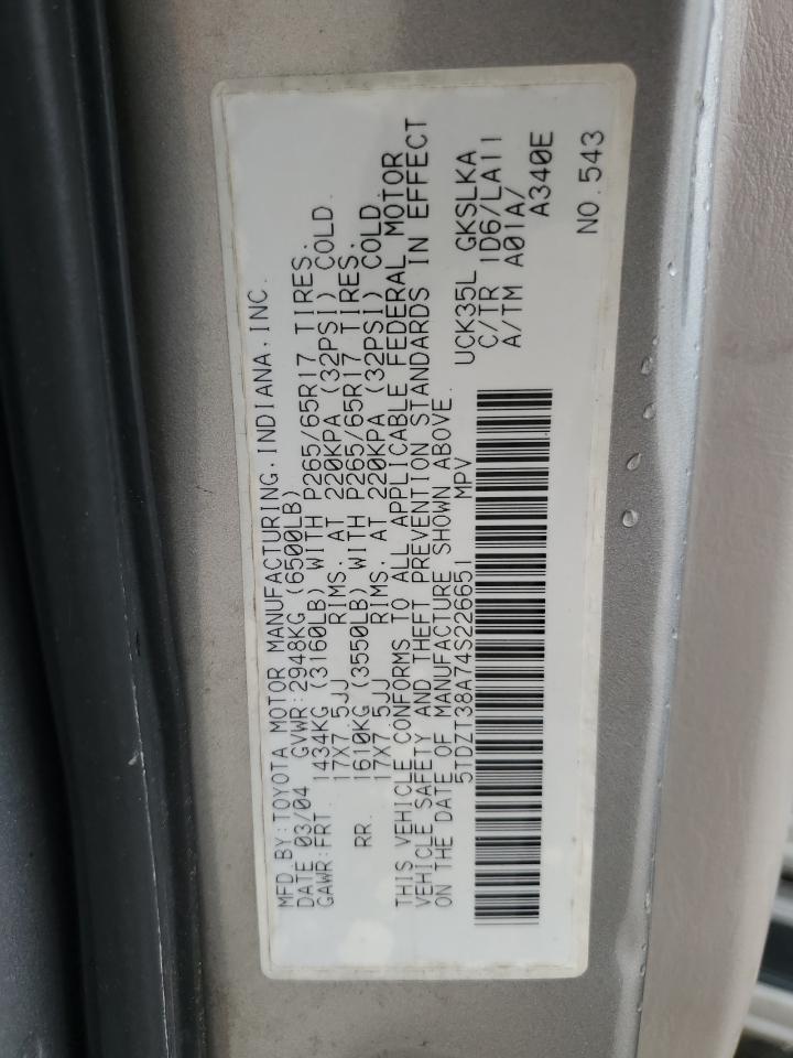 2004 Toyota Sequoia Limited VIN: 5TDZT38A74S226651 Lot: 84810355