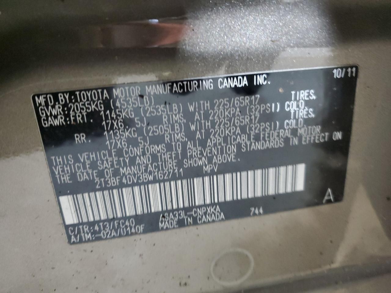 2011 Toyota Rav4 VIN: 2T3BF4DV3BW162711 Lot: 86726595