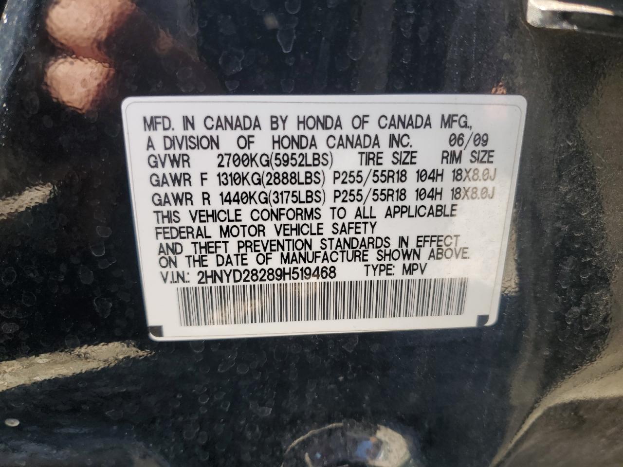 2009 Acura Mdx VIN: 2HNYD28289H519468 Lot: 85007765