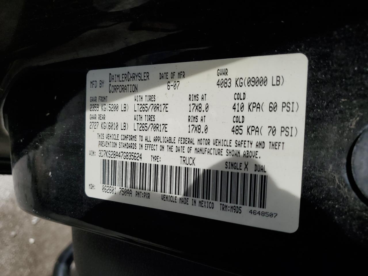 2007 Dodge Ram 2500 St VIN: 3D7KS28A47G835624 Lot: 86683715