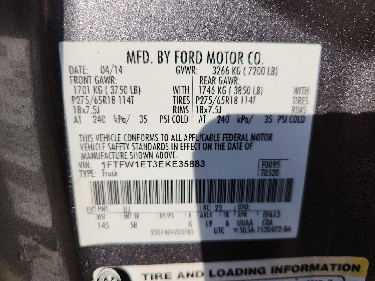 2014 Ford F150 Supercrew VIN: 1FTFW1ET3EKE35883 Lot: 82351115