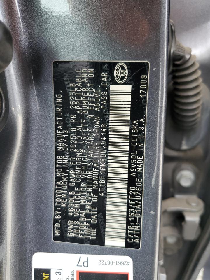 2013 Toyota Camry L VIN: 4T1BF1FK4DU294146 Lot: 86050215