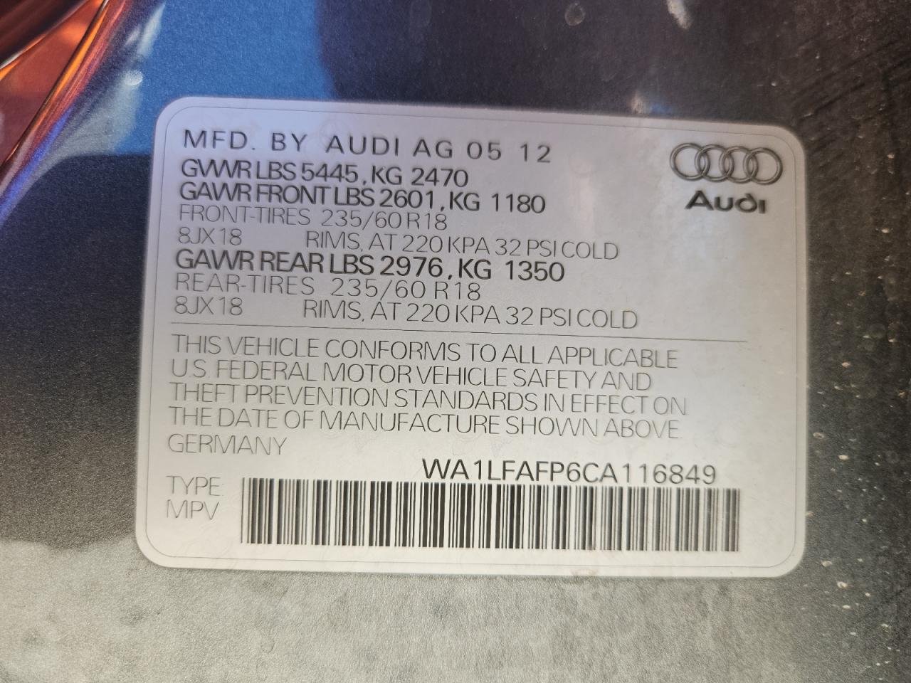 2012 Audi Q5 Premium Plus VIN: WA1LFAFP6CA116849 Lot: 87116885