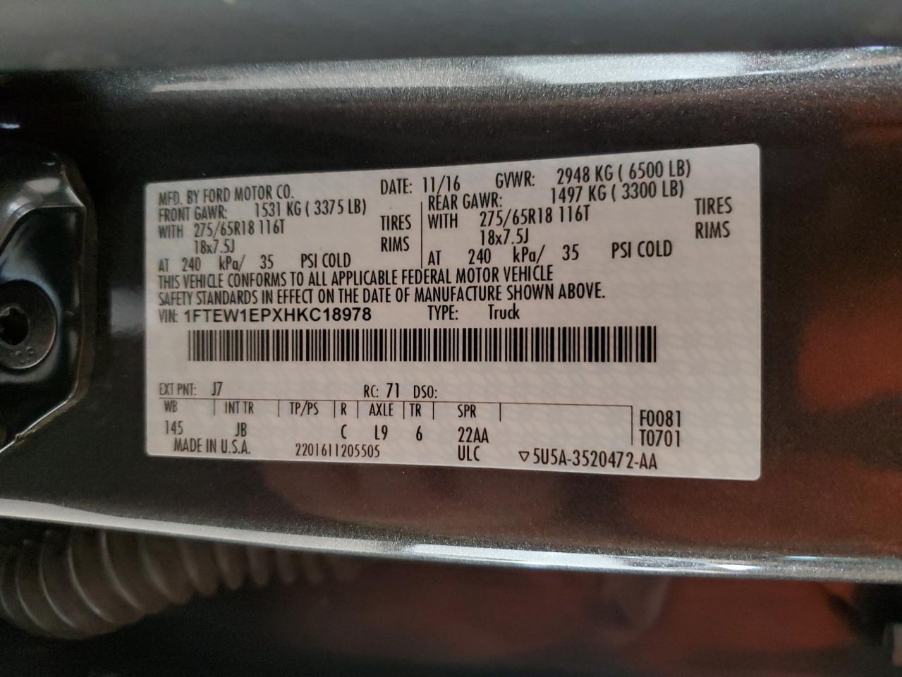 2017 Ford F150 Supercrew VIN: 1FTEW1EPXHKC18978 Lot: 82658085