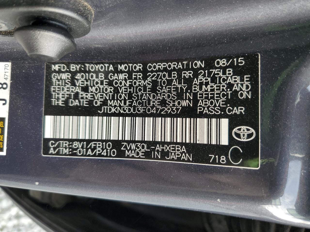 2015 Toyota Prius VIN: JTDKN3DU3F0472937 Lot: 85722625