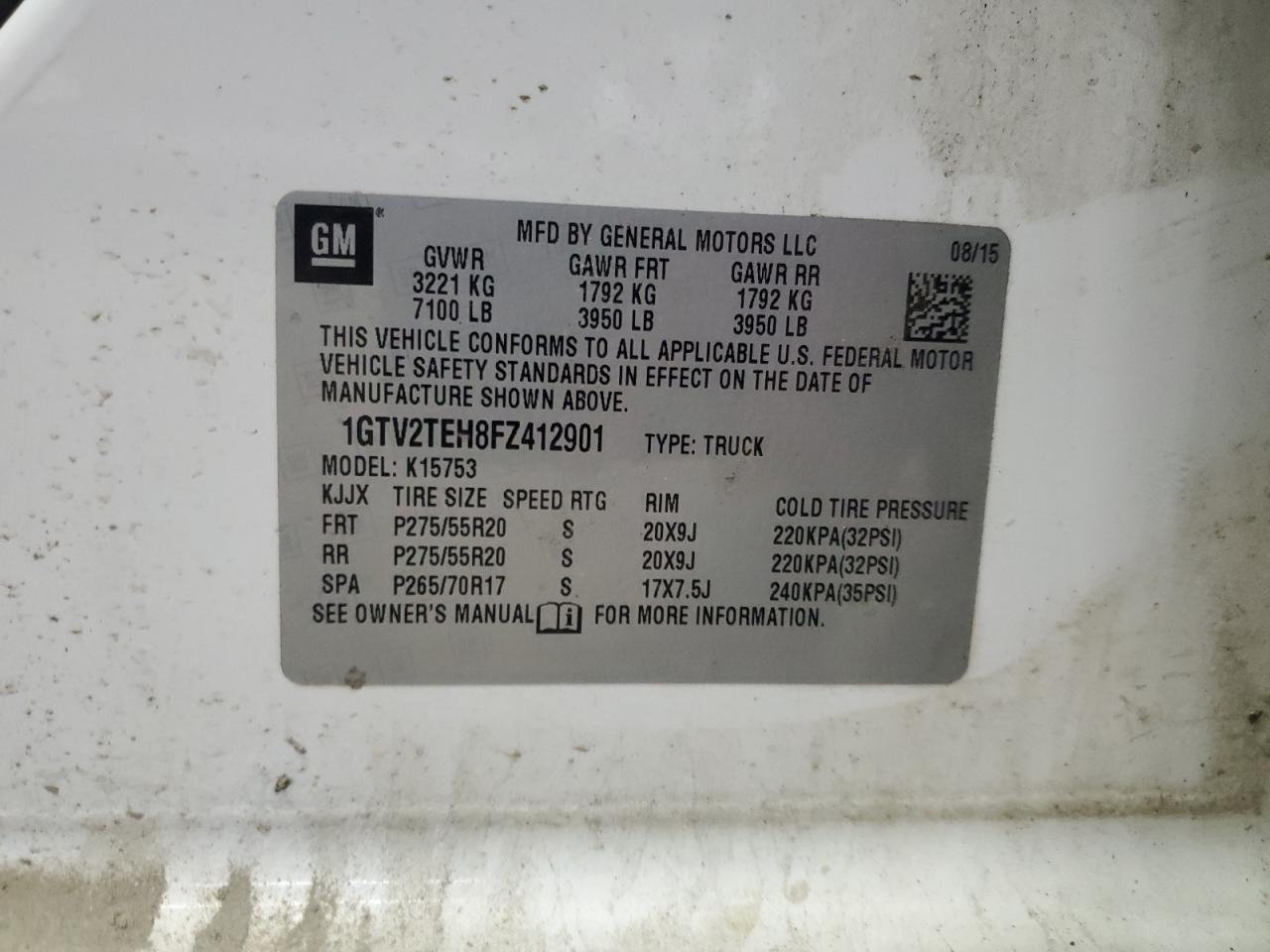 2015 GMC Sierra K1500 VIN: 1GTV2TEH8FZ412901 Lot: 85671205