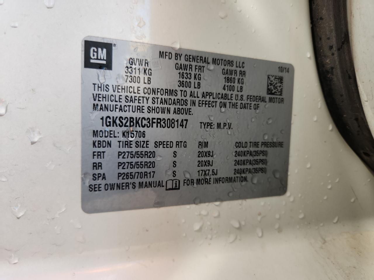 2015 GMC Yukon Slt VIN: 1GKS2BKC3FR308147 Lot: 89853215