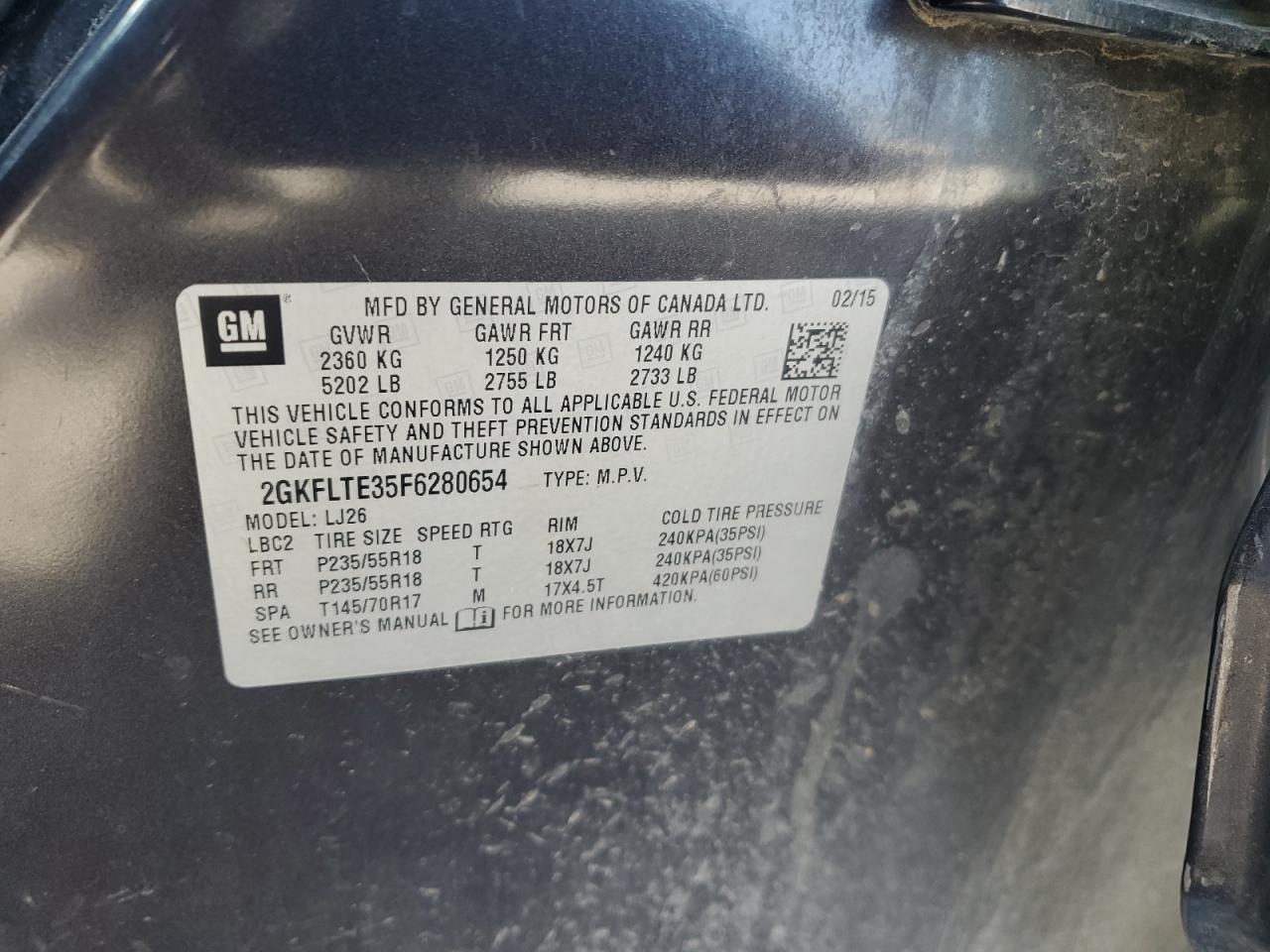 2015 GMC Terrain Slt VIN: 2GKFLTE35F6280654 Lot: 85002685