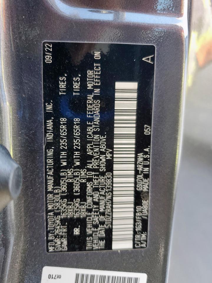 2022 Toyota Highlander L VIN: 5TDZZRAH7NS139830 Lot: 86314935