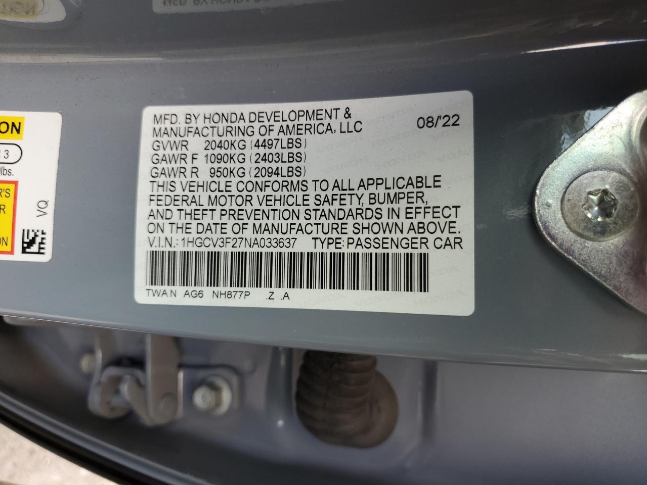 2022 Honda Accord Hybrid Sport VIN: 1HGCV3F27NA033637 Lot: 82208245