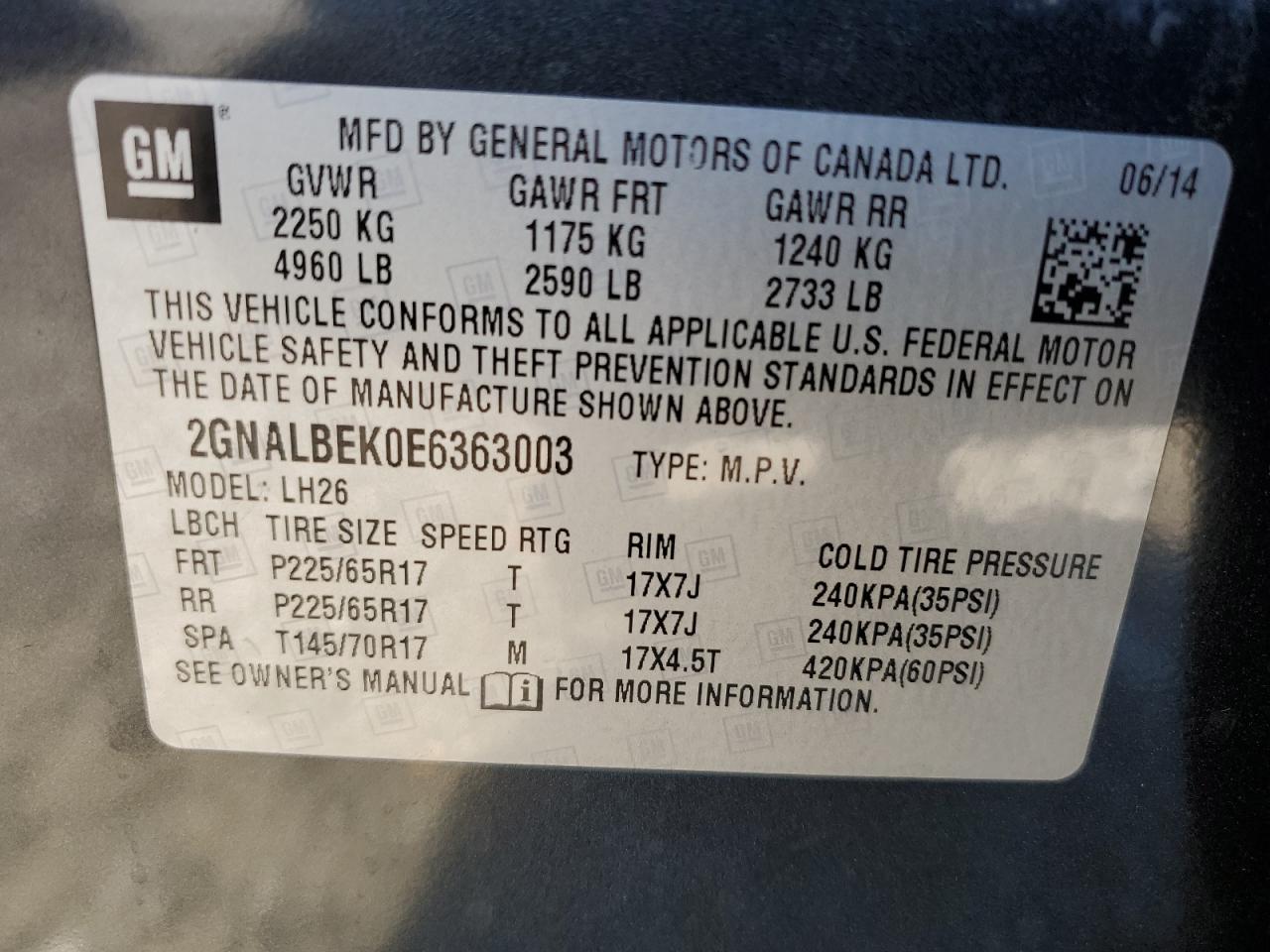 2014 Chevrolet Equinox Lt VIN: 2GNALBEK0E6363003 Lot: 86104155