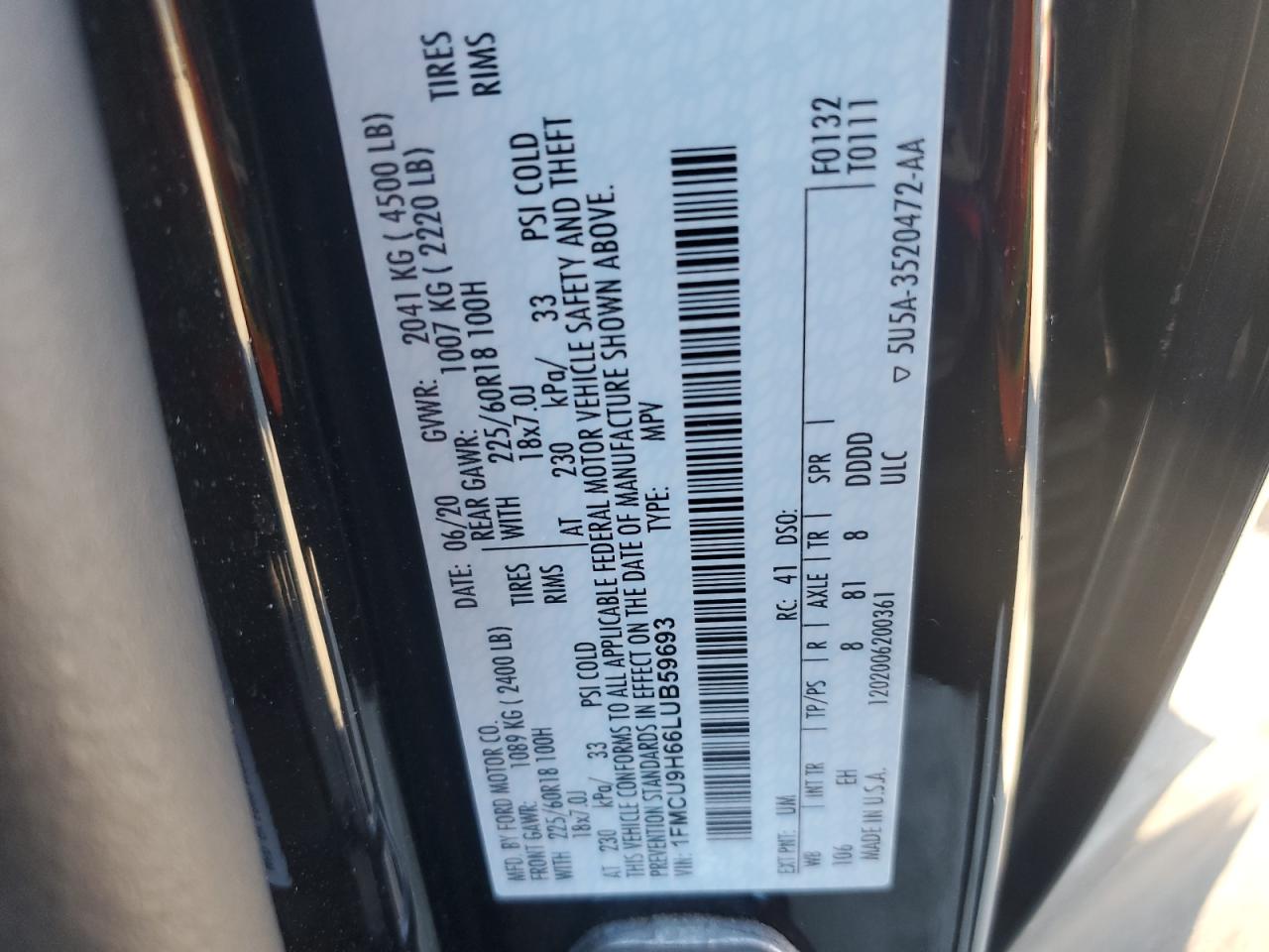 2020 Ford Escape Sel VIN: 1FMCU9H66LUB59693 Lot: 85007715