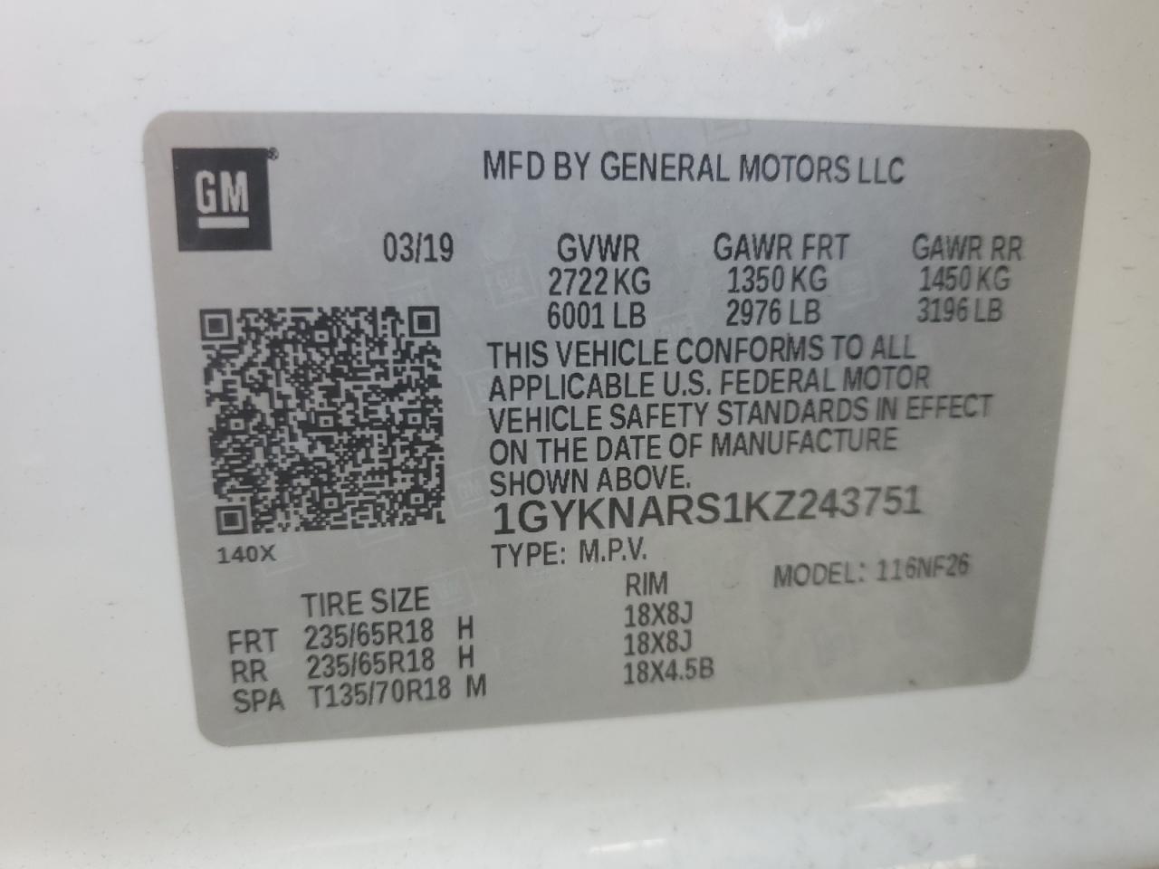 2019 Cadillac Xt5 VIN: 1GYKNARS1KZ243751 Lot: 82412845