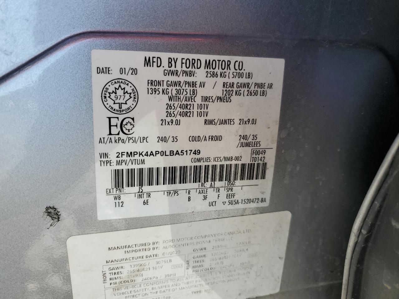 2020 Ford Edge St VIN: 2FMPK4AP0LBA51749 Lot: 87071165