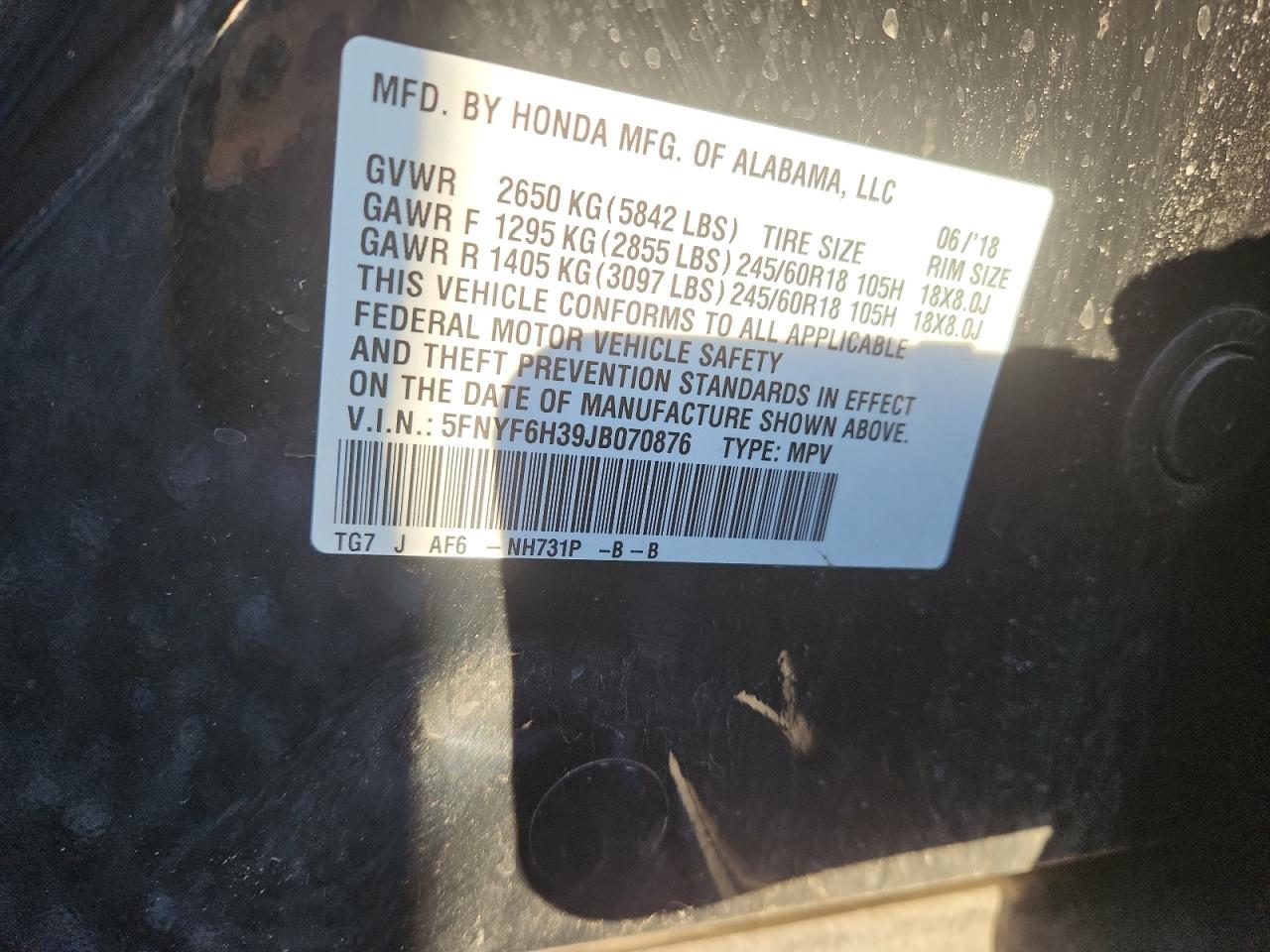 2018 Honda Pilot Ex VIN: 5FNYF6H39JB070876 Lot: 89807095