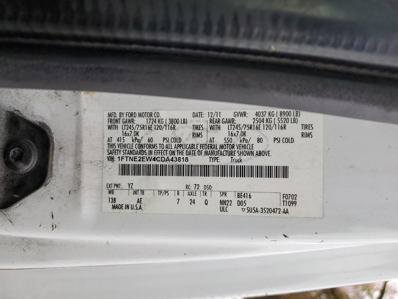 2012 Ford Econoline E250 Van VIN: 1FTNE2EW4CDA43818 Lot: 89991935