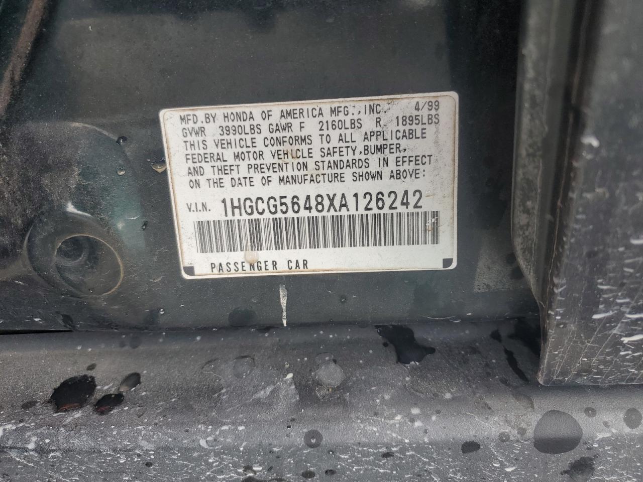 1999 Honda Accord Lx VIN: 1HGCG5648XA126242 Lot: 82204925