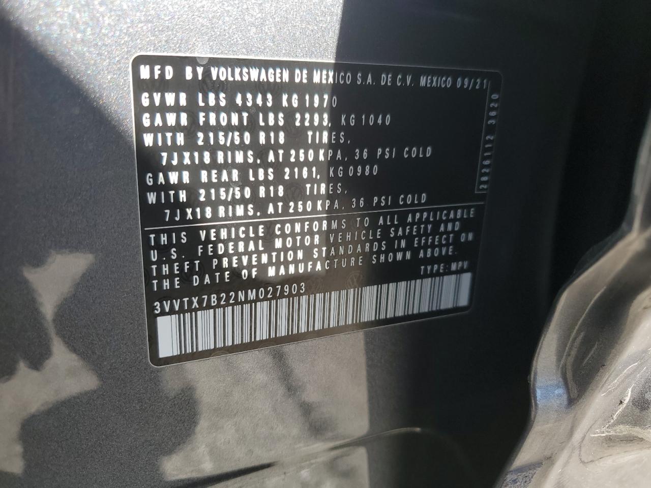 2022 Volkswagen Taos Se VIN: 3VVTX7B22NM027903 Lot: 90900935