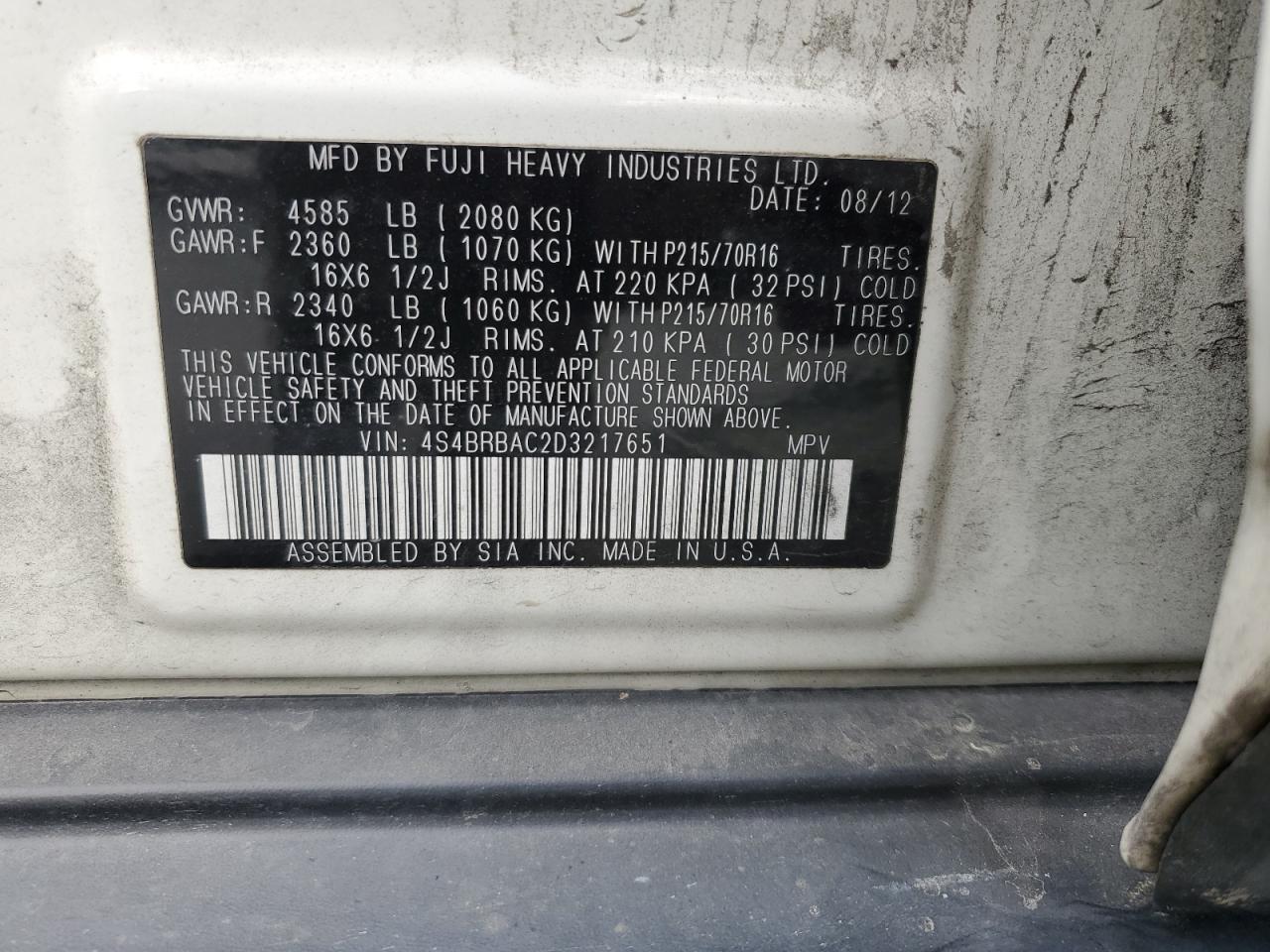 2013 Subaru Outback 2.5I VIN: 4S4BRBAC2D3217651 Lot: 85733935