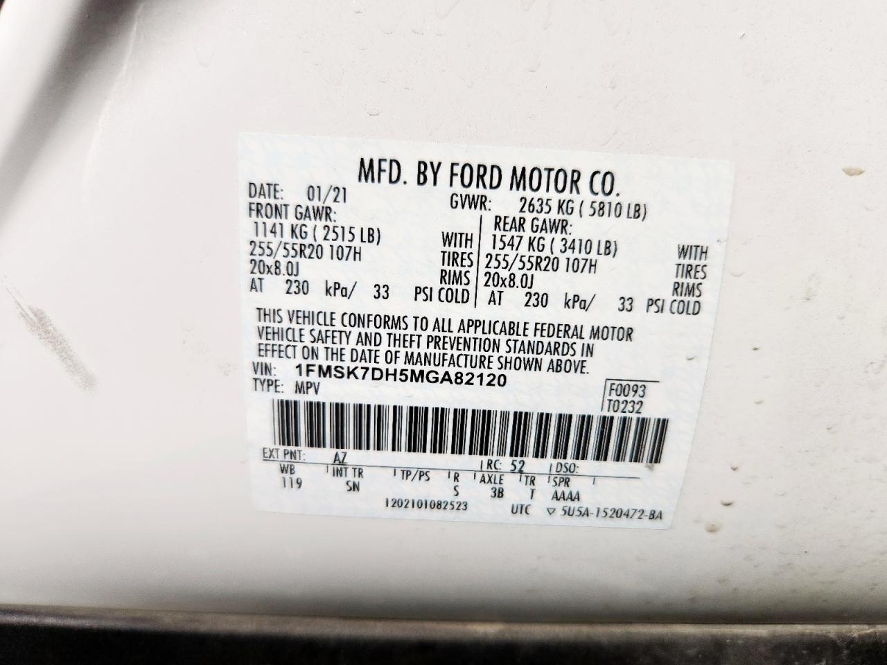 2021 Ford Explorer Xlt VIN: 1FMSK7DH5MGA82120 Lot: 86463675