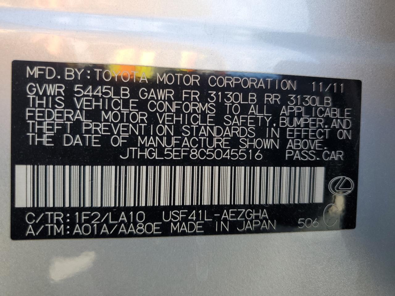 2012 Lexus Ls 460L VIN: JTHGL5EF8C5045516 Lot: 87397275