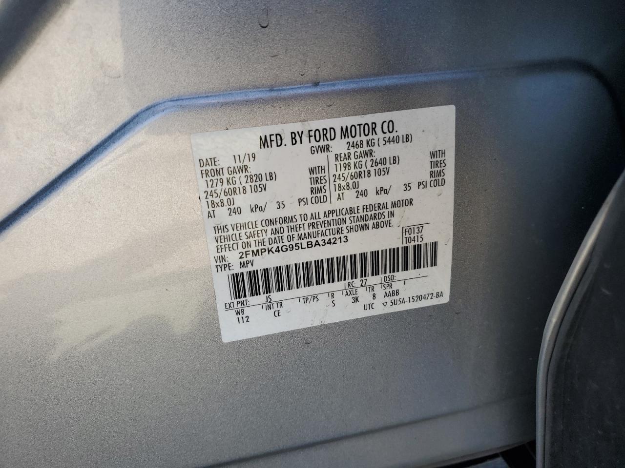 2020 Ford Edge Se VIN: 2FMPK4G95LBA34213 Lot: 82704005