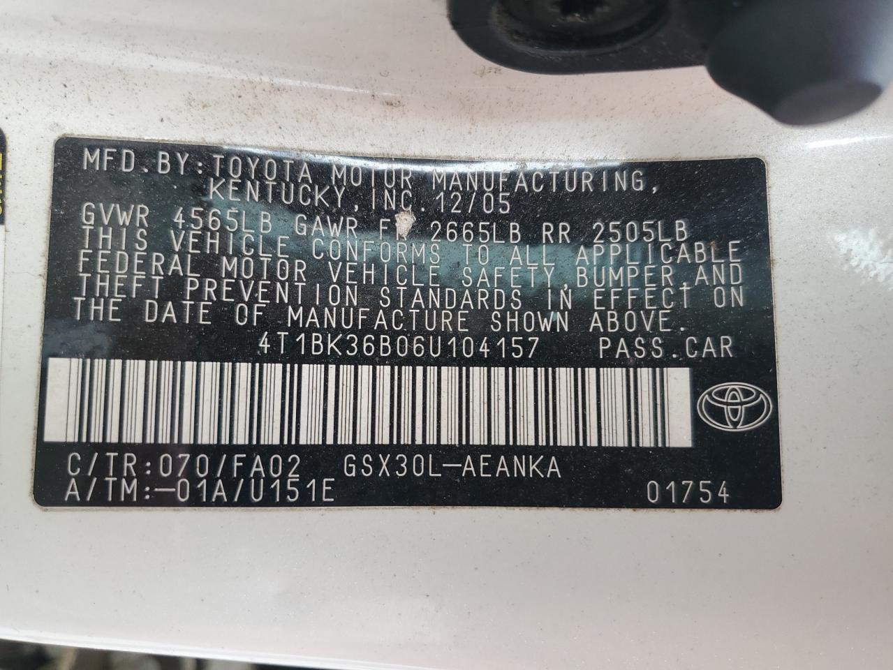 2006 Toyota Avalon Xl VIN: 4T1BK36B06U104157 Lot: 82310225