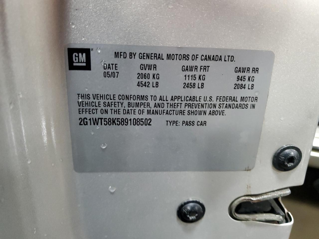 2008 Chevrolet Impala Lt VIN: 2G1WT58K589108502 Lot: 84403855