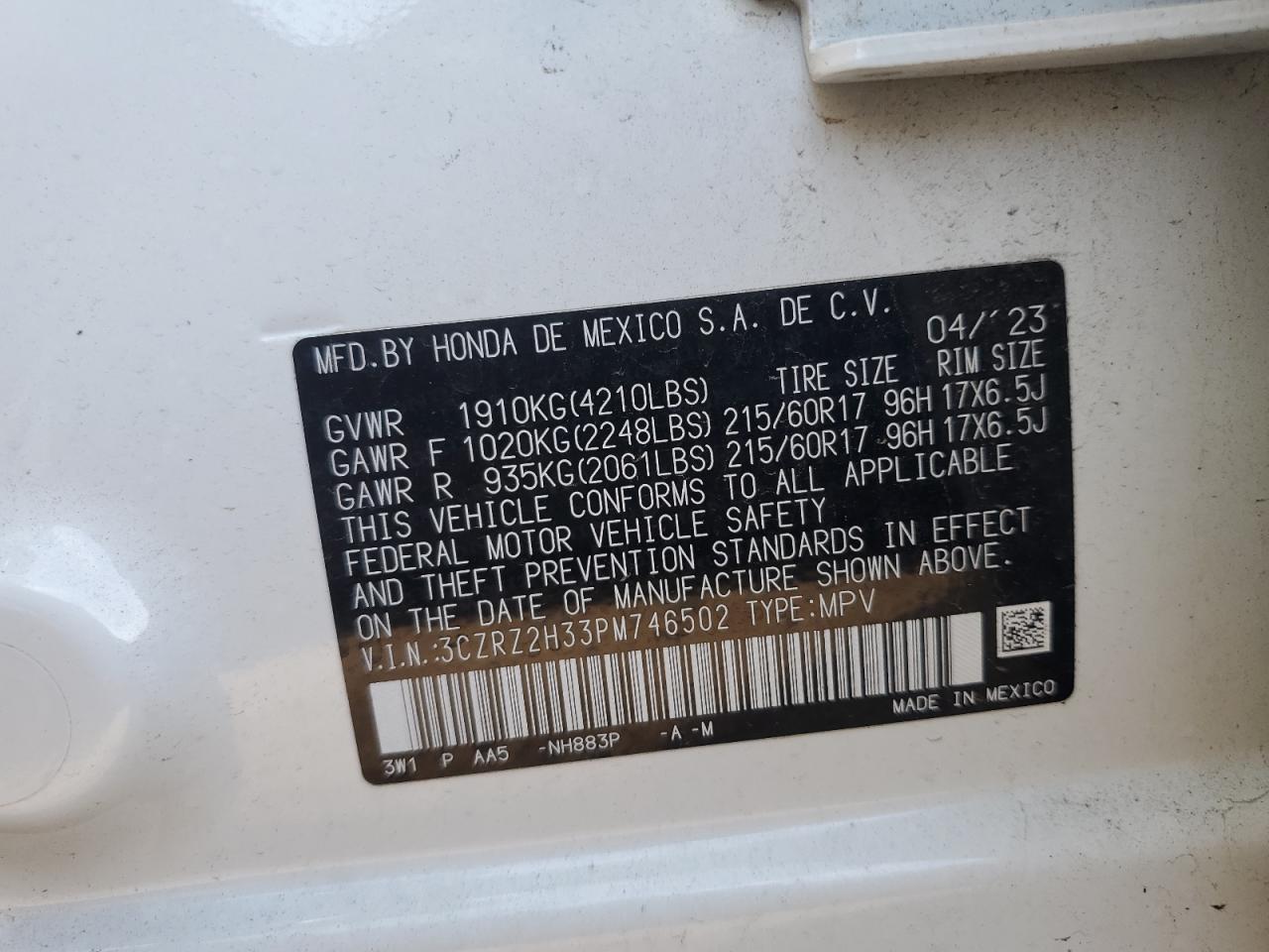 2023 Honda Hr-V Lx VIN: 3CZRZ2H33PM746502 Lot: 84953975