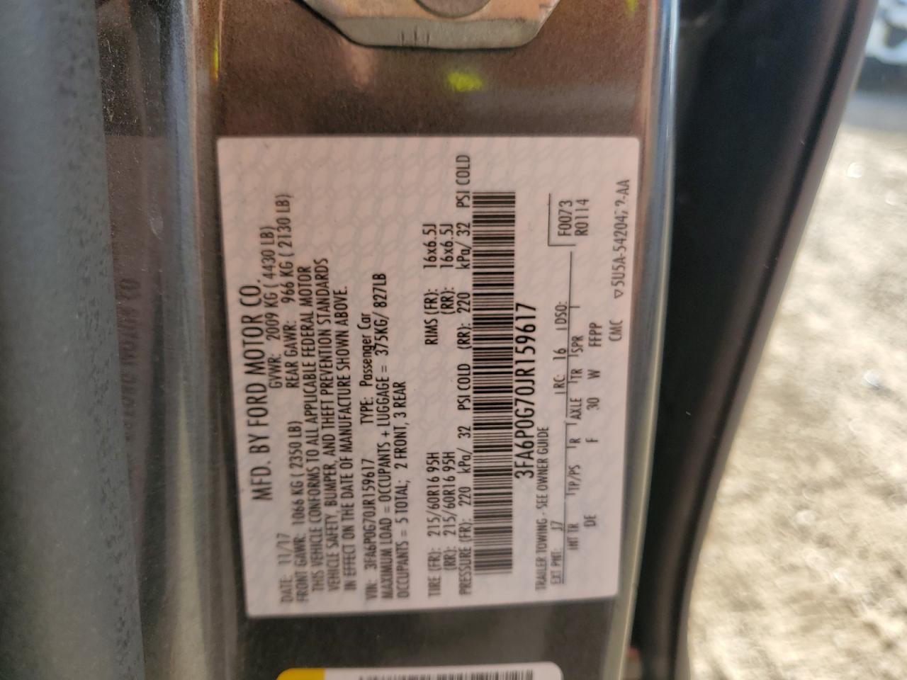 2018 Ford Fusion S VIN: 3FA6P0G70JR159617 Lot: 89700925