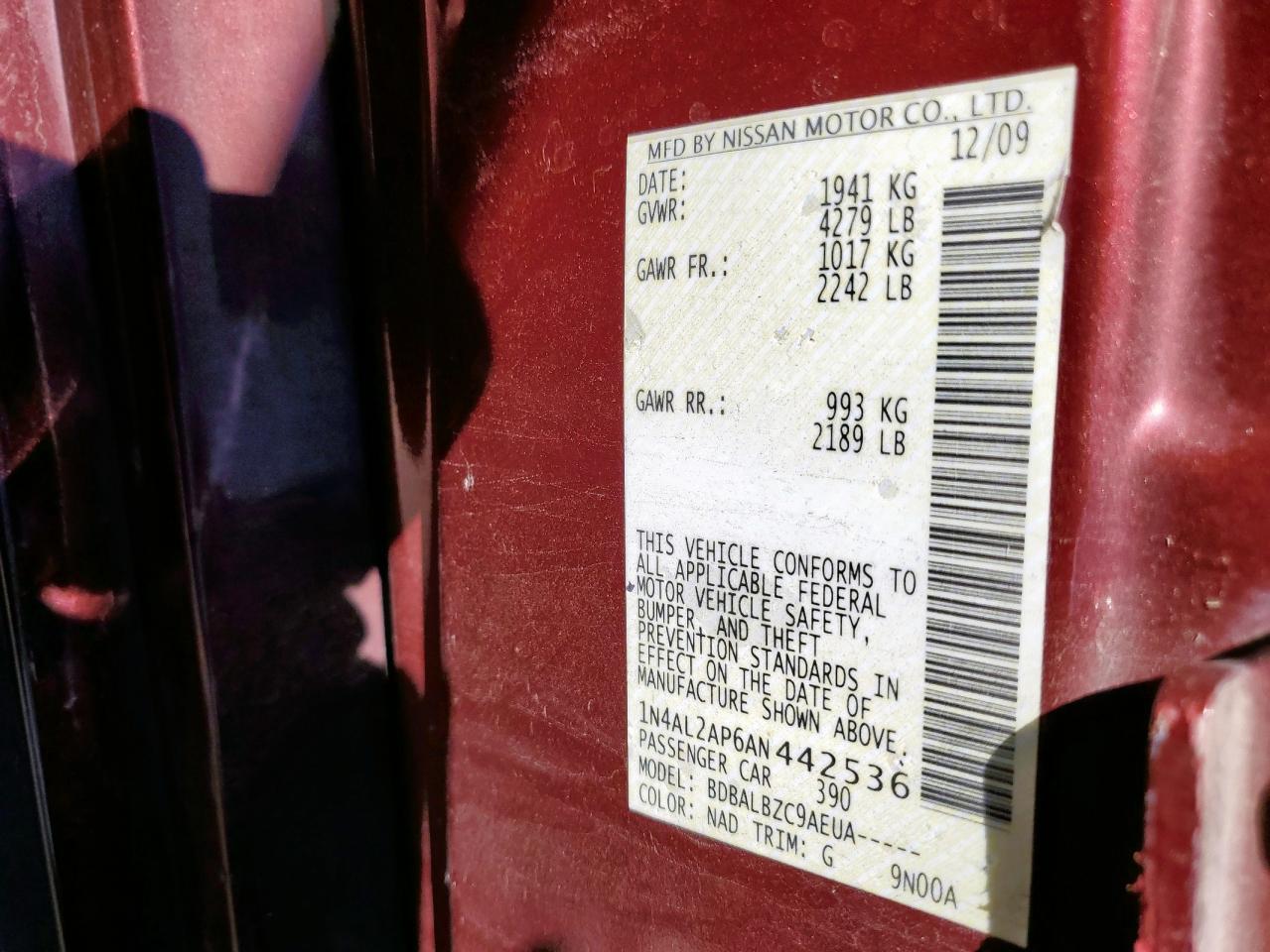 2010 Nissan Altima Base VIN: 1N4AL2AP6AN442536 Lot: 81960495